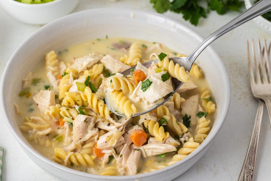 A spoon holding a bite of chicken noodle casserole.