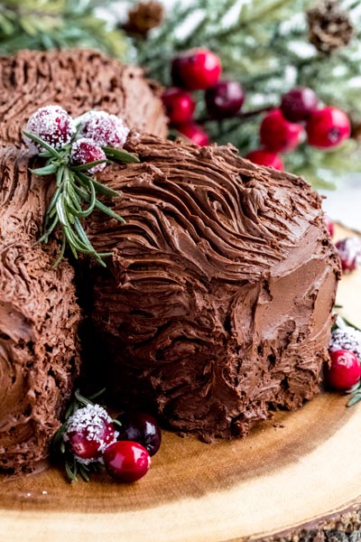 Creamy chocolate frosting on a cake that looks like a log.