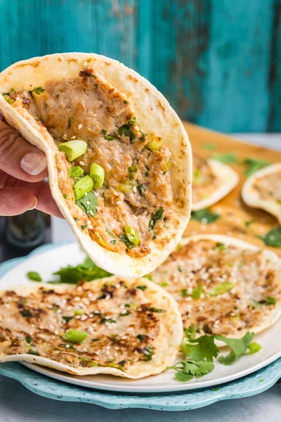 A hand holding a dumpling taco filled with green onions and chili oil.